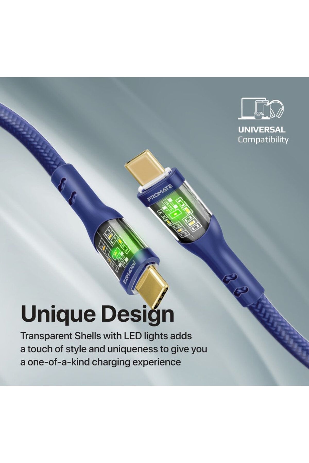Promate-CC200 Type-C to Type-C 2m Super Fast Charging Cable 60W with Transparent Charging Head 2