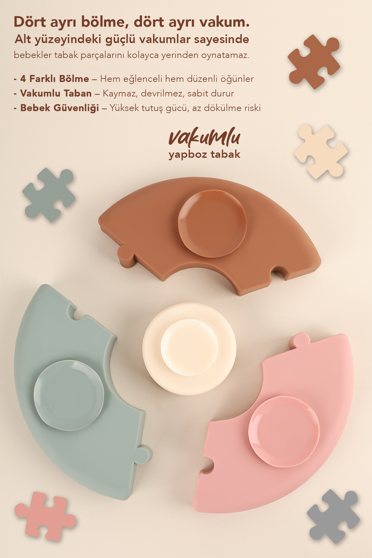 Meleni Baby Vakumlu Silikon Puzzle Mama Tabağı - Vakum Tabanlı 4 Bölmeli Bebek Yapboz Mama Tabağı fotoğrafı 3 (önizleme)