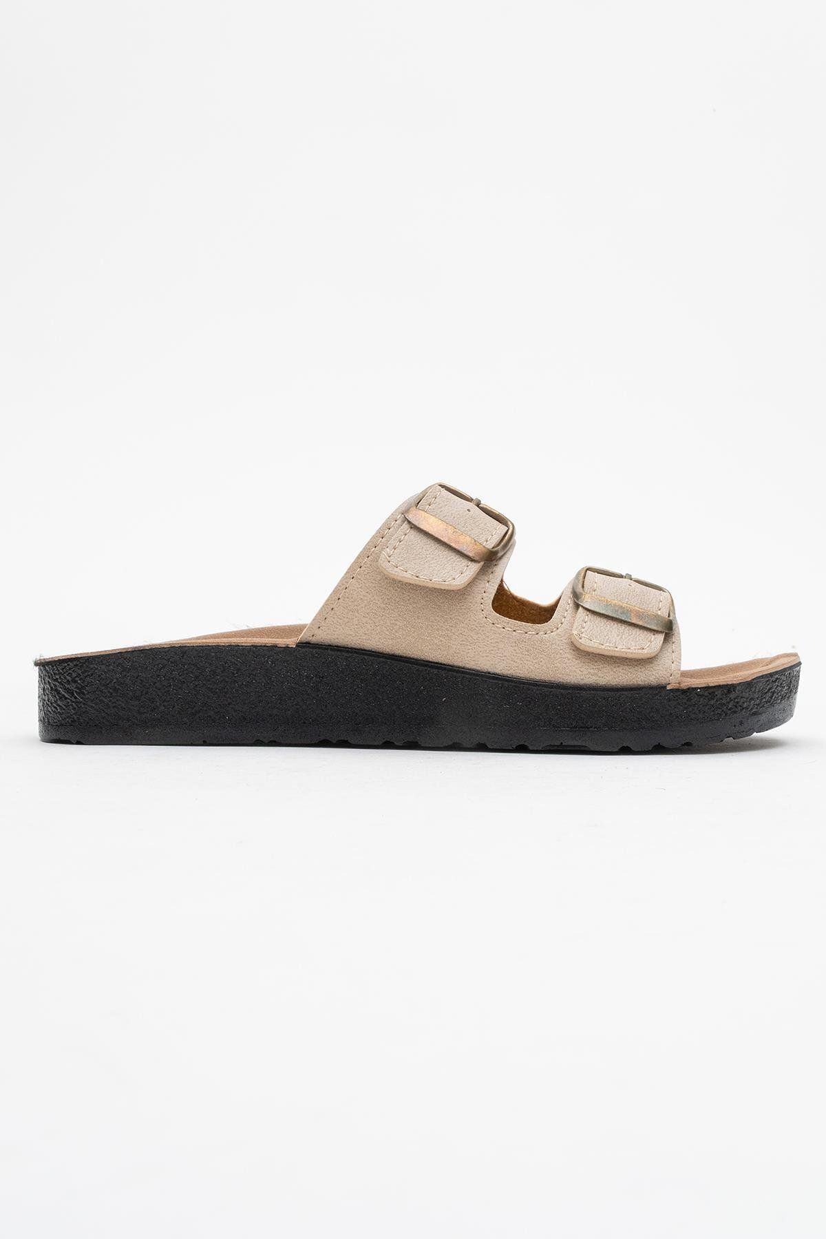 CCWAY AYAKKABI-Women's Flat Slippers with Flip Flop Buckle Beige 2