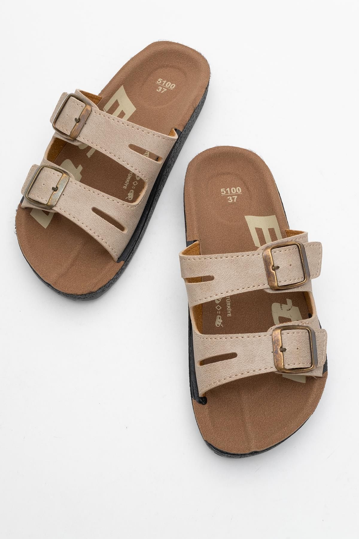 CCWAY AYAKKABI-Women's Flat Slippers with Flip Flop Buckle Beige 5