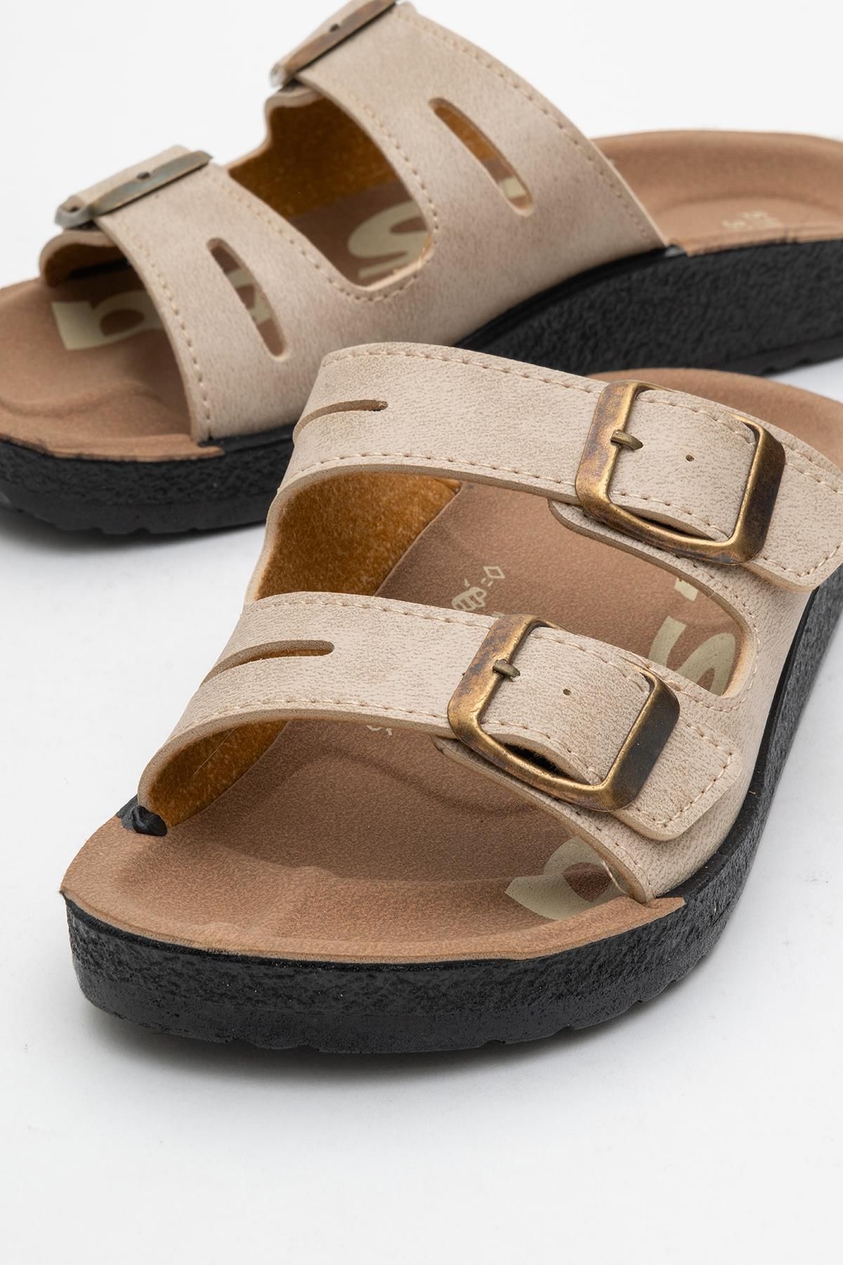 CCWAY AYAKKABI-Women's Flat Slippers with Flip Flop Buckle Beige 3