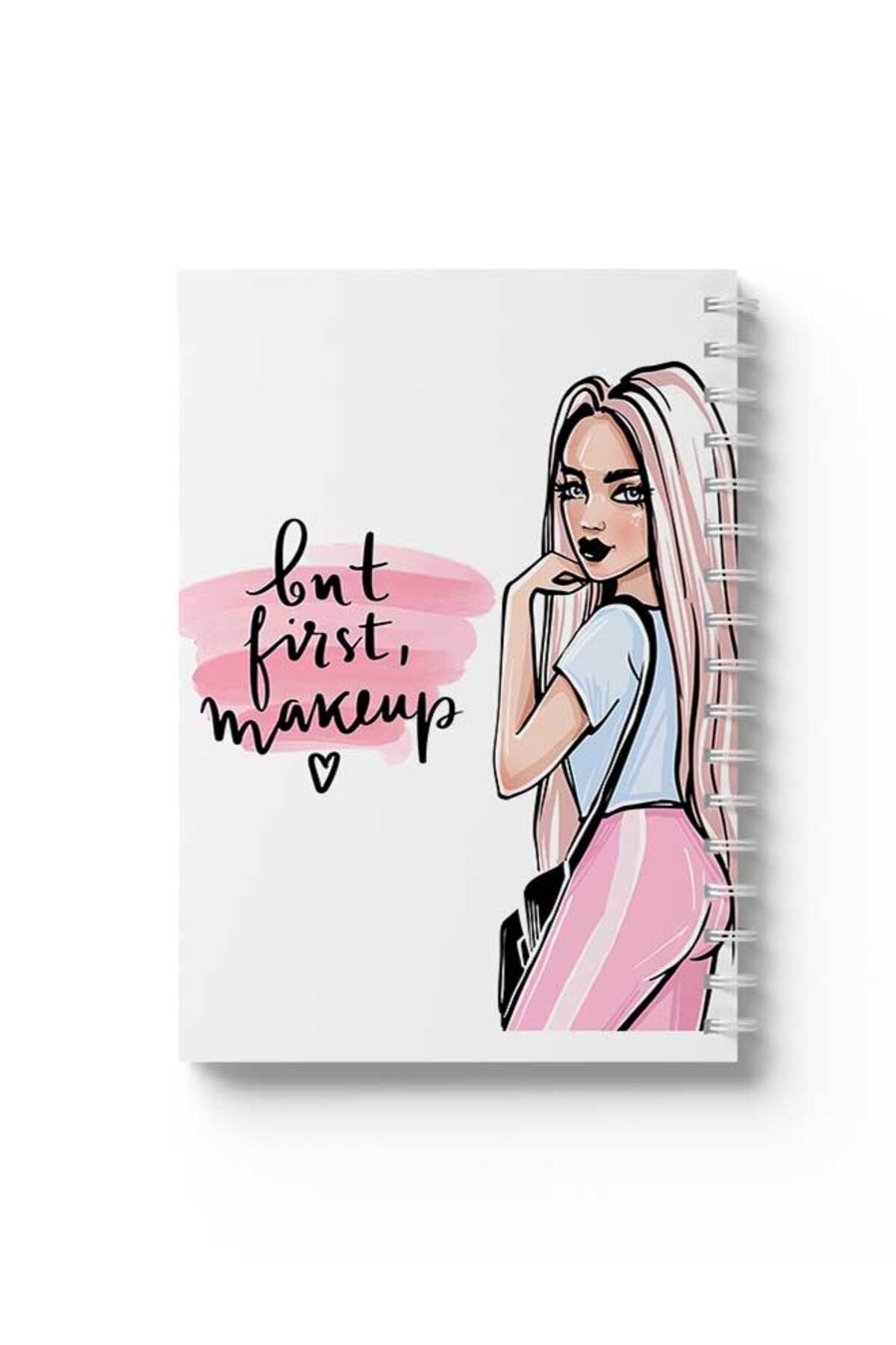 LOWHA-Spiral Notebook with Front and Back Hard Covers Featuring But First Makeup Design 1