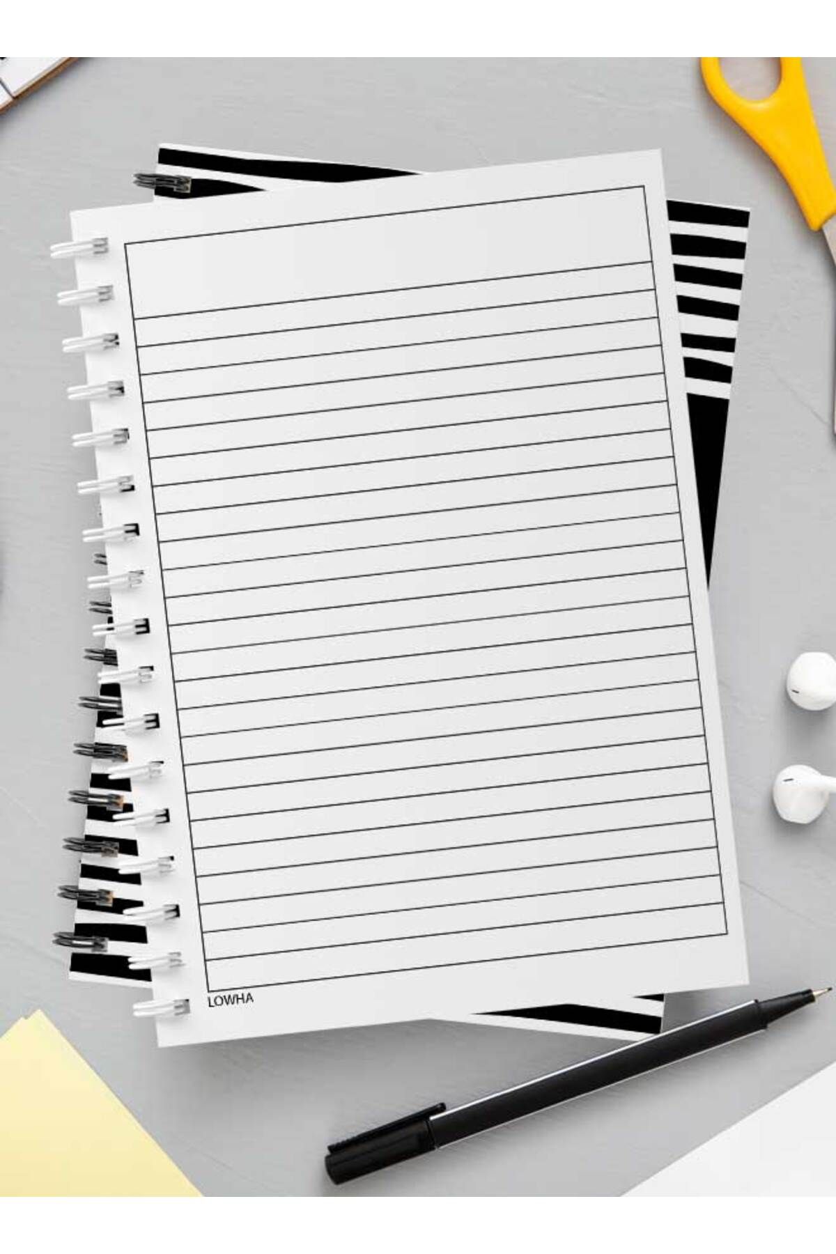 LOWHA-Spiral Notebook with Front and Back Hard Covers Featuring Flat Black & White Lines Design 3