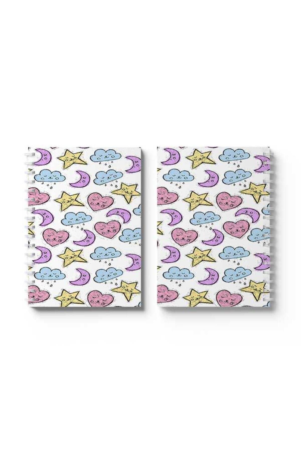 LOWHA-Spiral Notebook with Front and Back Hard Covers Featuring Moon Hearts And Clouds Design 4