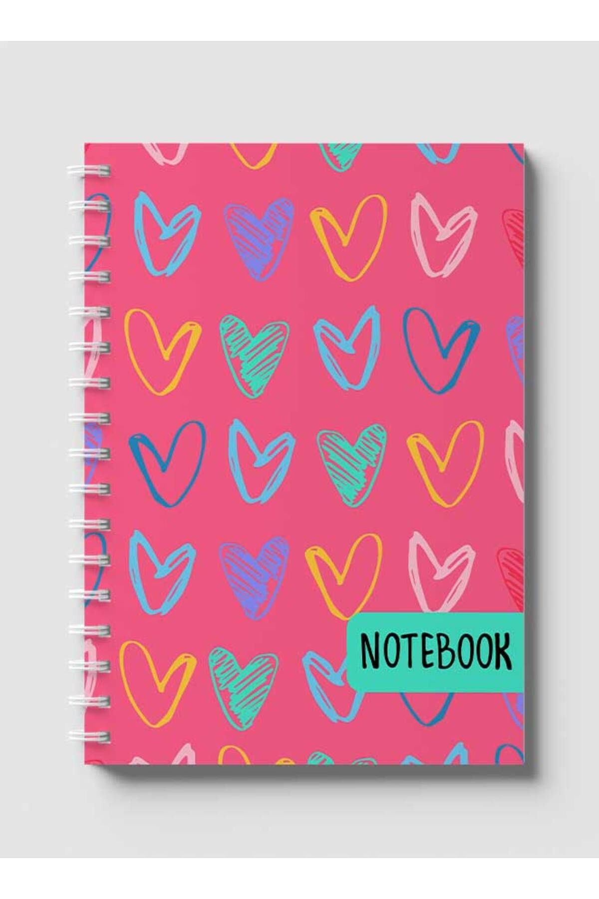 LOWHA-Spiral Notebook with Front and Back Hard Covers Featuring Colored Heart Shapes Drawing Design 1