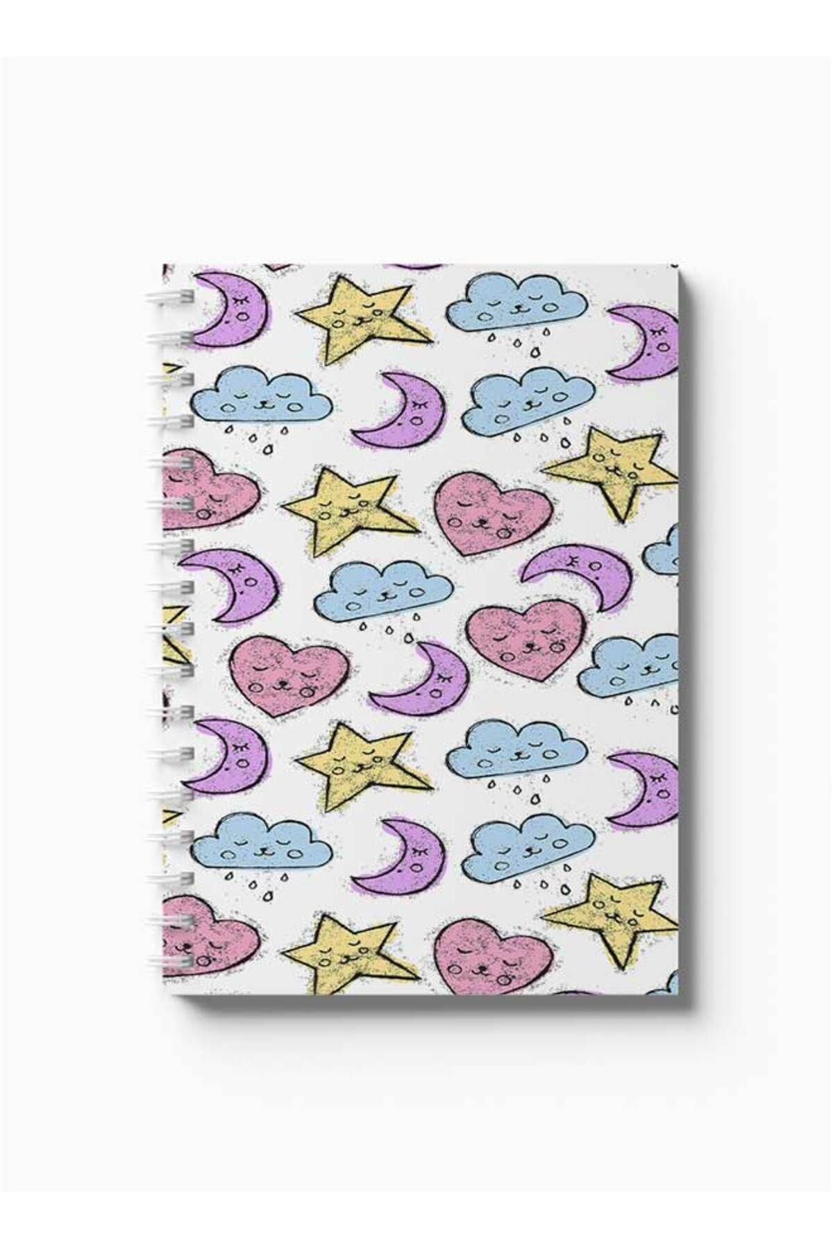 LOWHA-Spiral Notebook with Front and Back Hard Covers Featuring Moon Hearts And Clouds Design 5