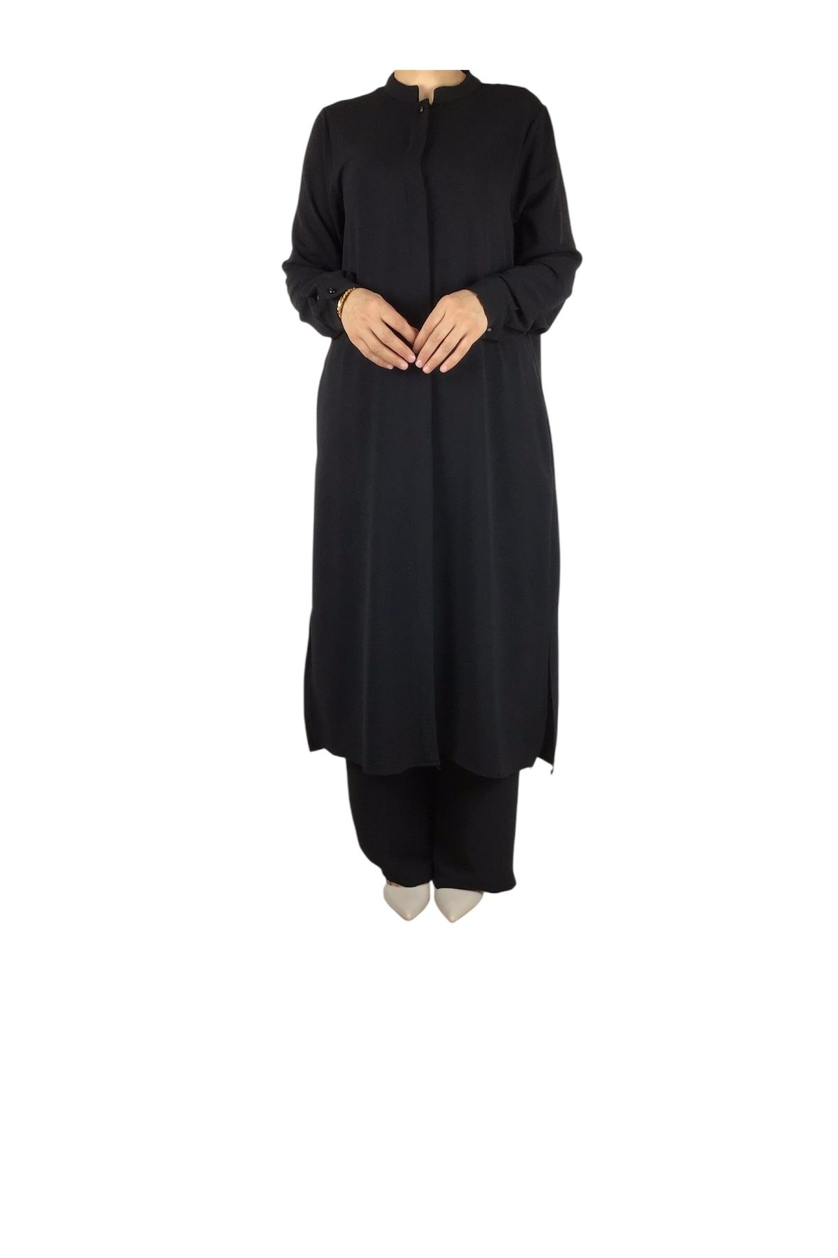 ECE GİYİM-Women's Judge Collar Tunic with Hidden Buttons on the Front and Hidden Pockets on the Sides with Pants with Elastic Waist 3