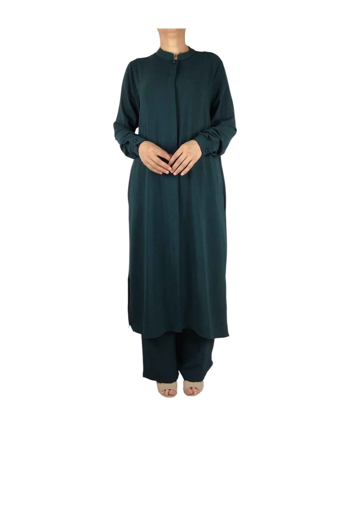 ECE GİYİM-Women's Judge Collar Tunic with Hidden Buttons on the Front and Hidden Pockets on the Sides with Pants with Elastic Waist 2