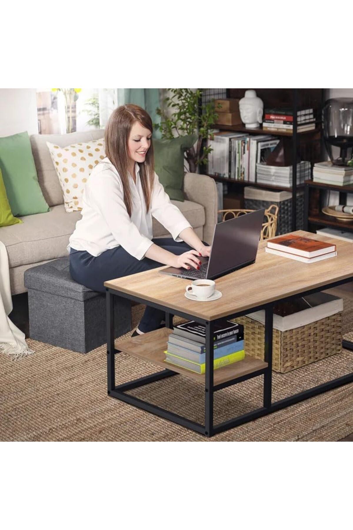 AGD-Wooden Rectangular Multifunction Coffee Table with Black Metal Frame and Bottom Shelf 4