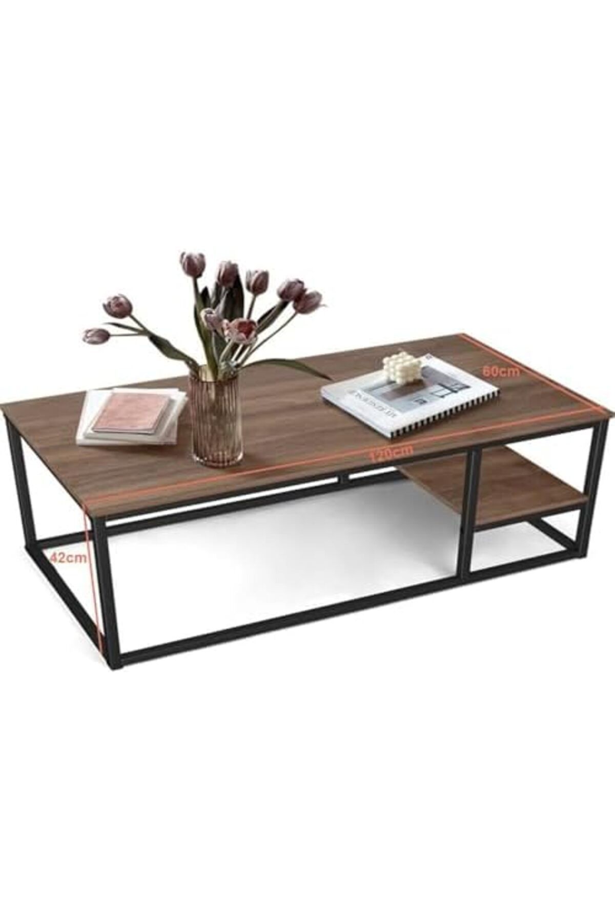 AGD-Wooden Rectangular Multifunction Coffee Table with Black Metal Frame and Bottom Shelf 7