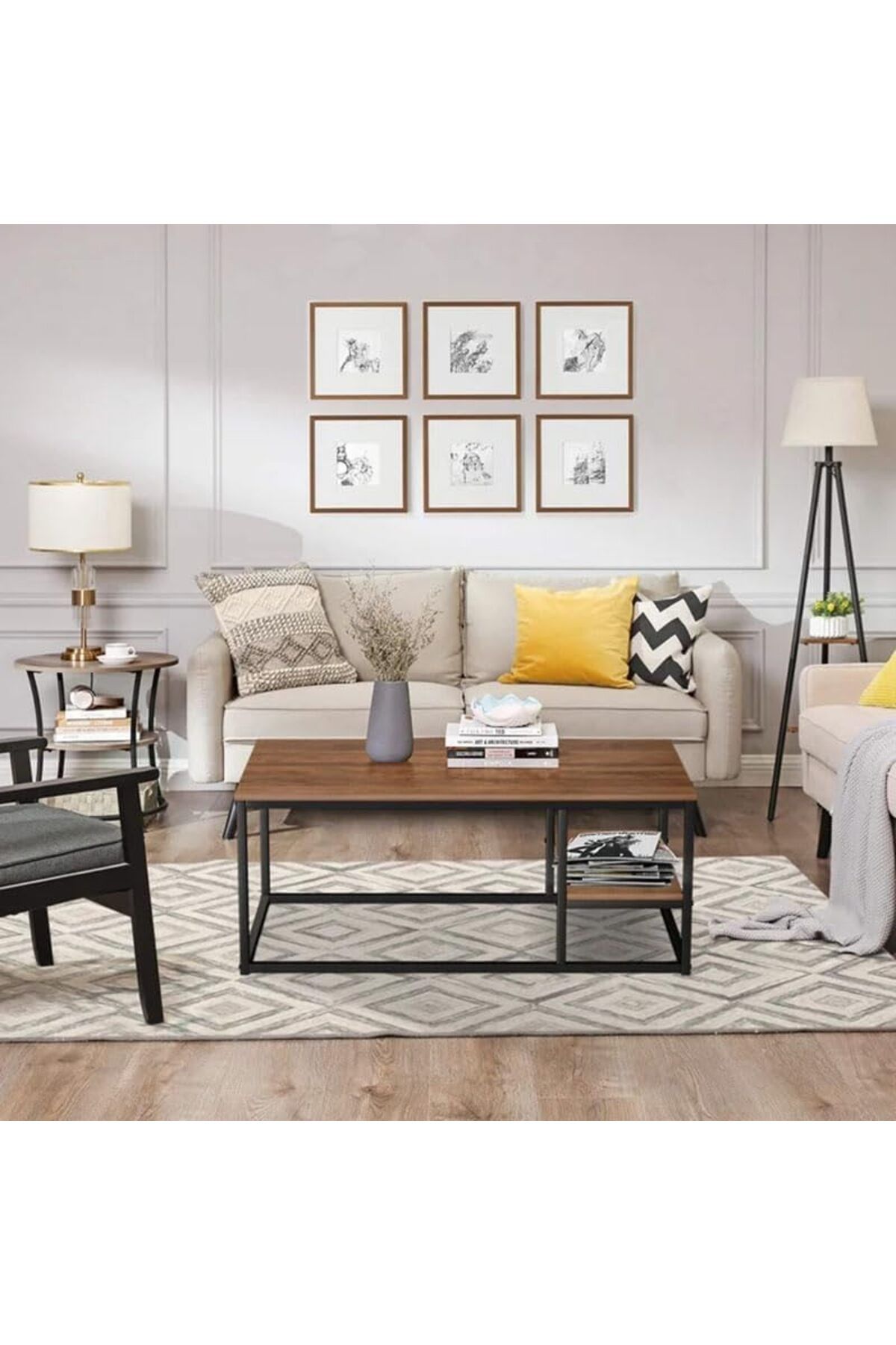 AGD-Wooden Rectangular Multifunction Coffee Table with Black Metal Frame and Bottom Shelf 6