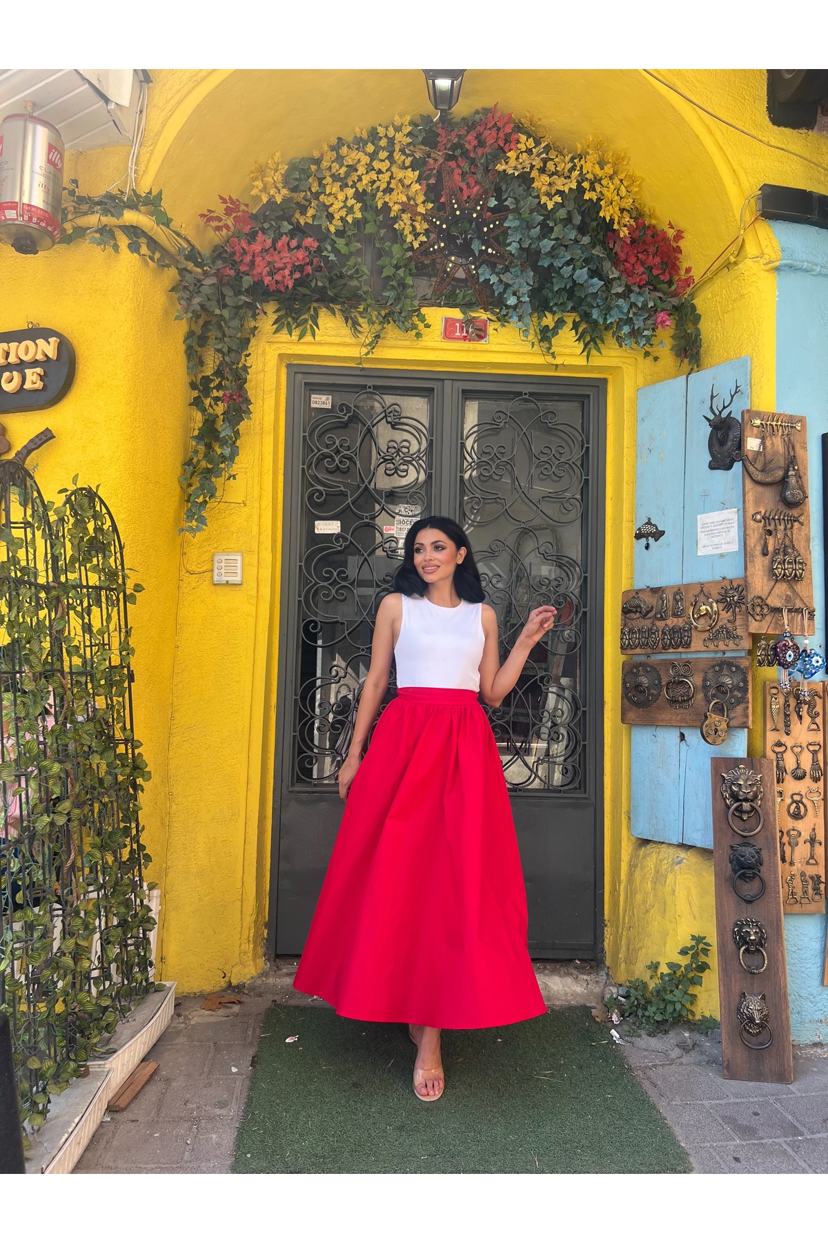 KÜÇÜĞÜM BUTİK  Kırmızı Kloş Poplin Etek - Görsel 6