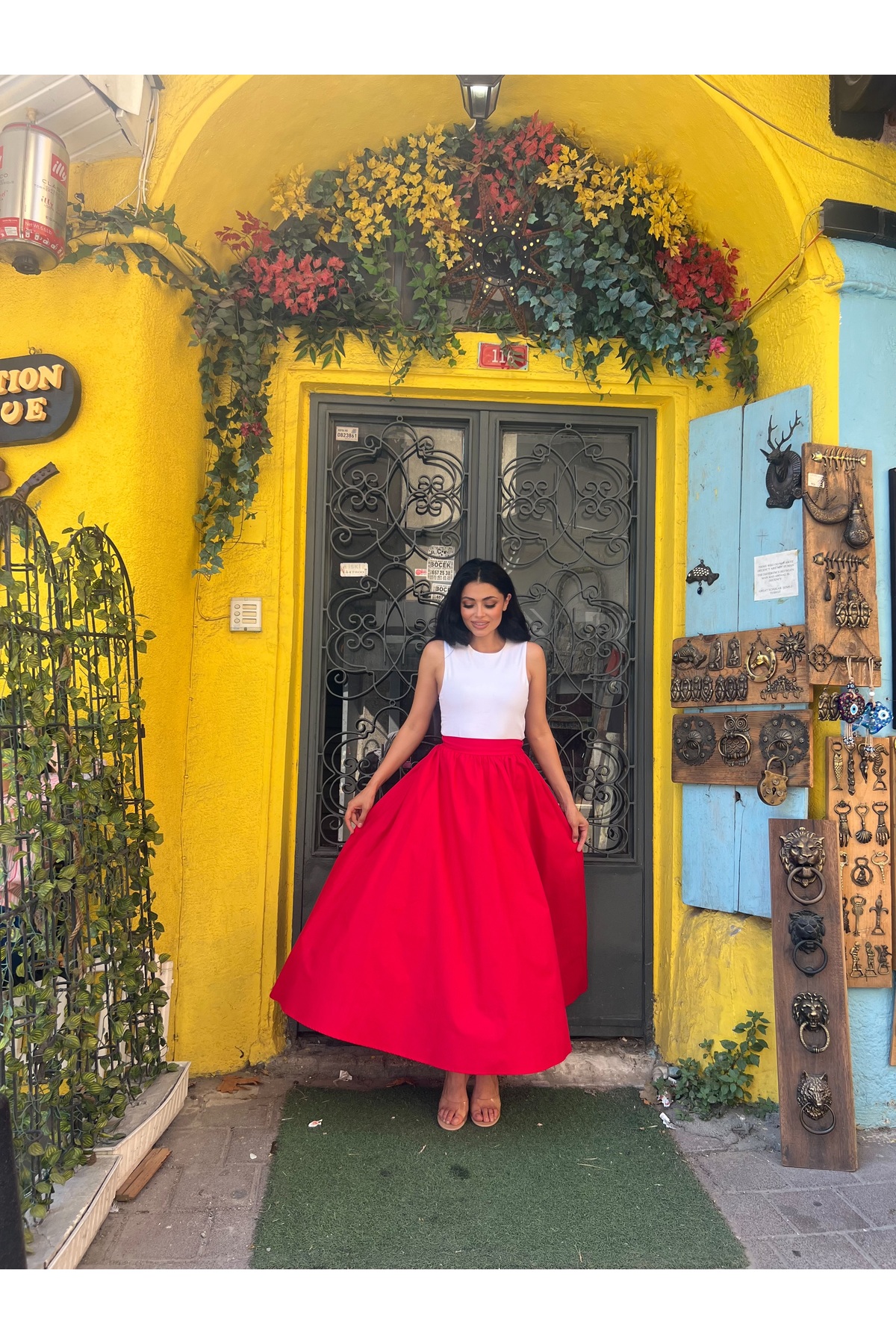 KÜÇÜĞÜM BUTİK  Kırmızı Kloş Poplin Etek - Görsel 4