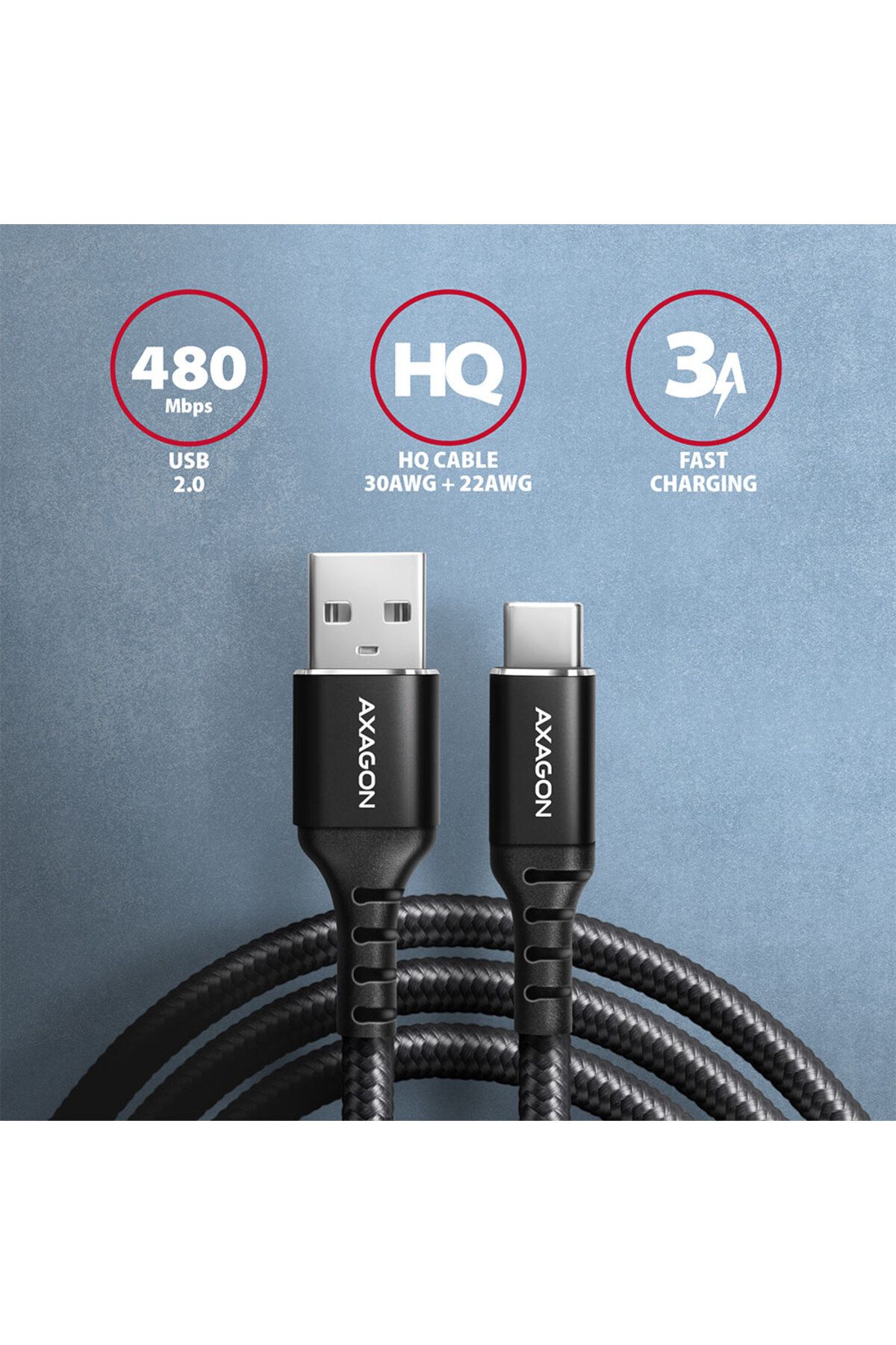 Axagon-Data and charging USB 2.0 cable, 1 m | BUCM-AM10AB | USB-C to USB-A 2