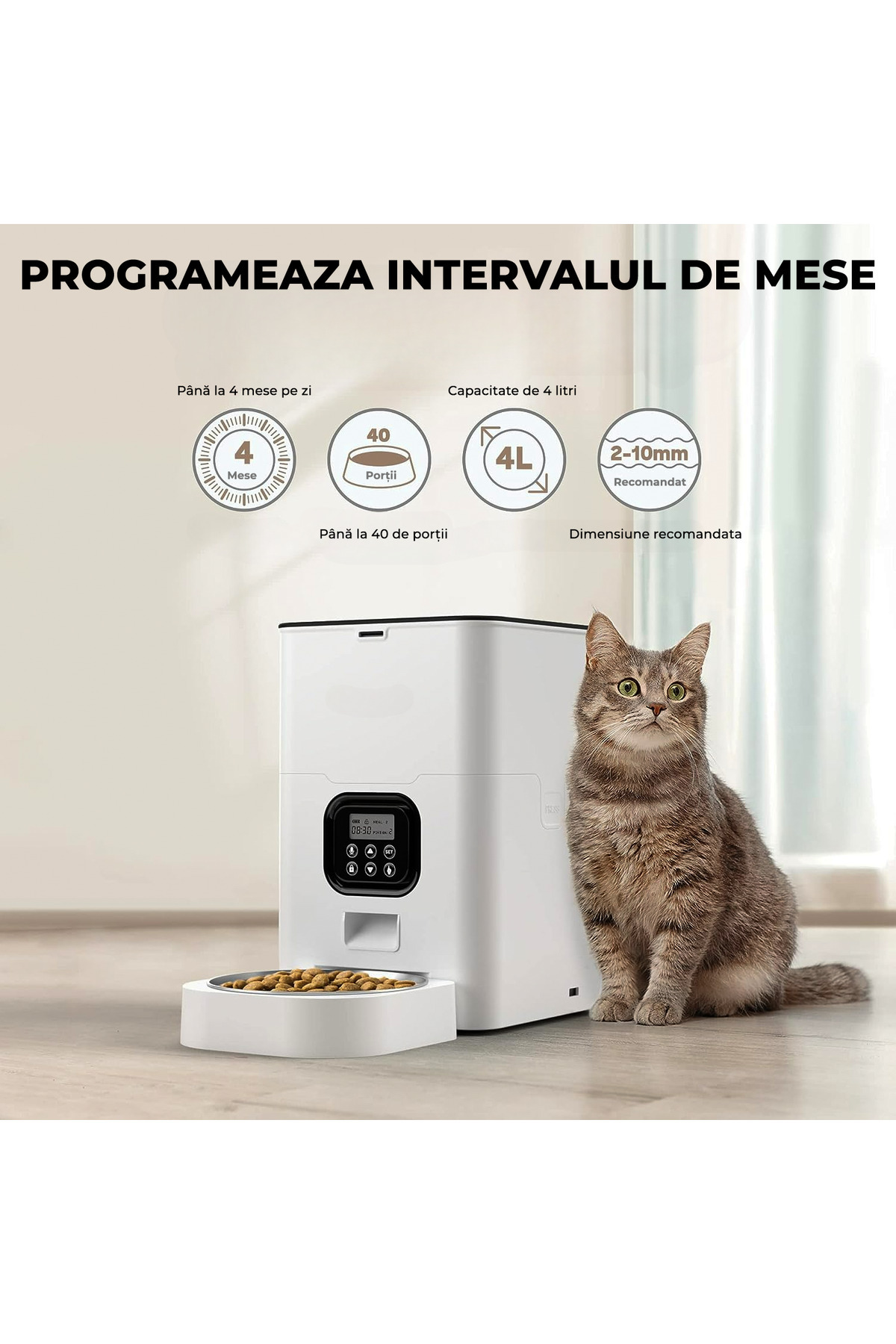 Elindor-Hrănitor automat pentru câini și pisici, cu funcție de setare a intervalului de hrănire, capacitate 4L, alb 2