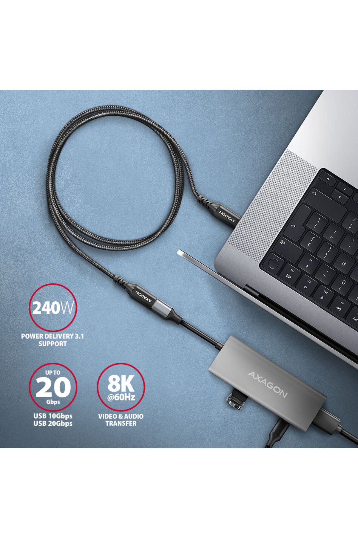 Axagon-Cablu prelungitor USB 20Gbps, 0,5 m | BUCM32-CF05AB | USB-C la USB-C 4