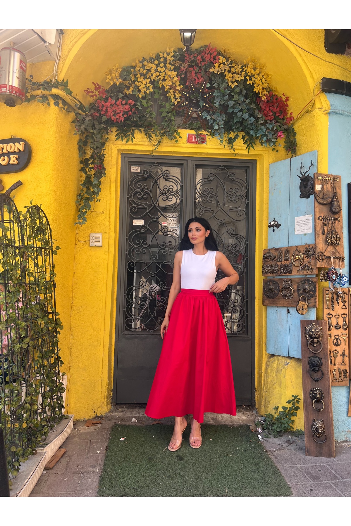 KÜÇÜĞÜM BUTİK  Kırmızı Kloş Poplin Etek - Görsel 7