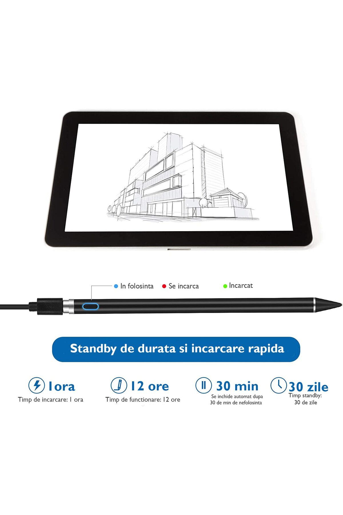 WowStep-Stylus iPad Pen Universal,, Pix Touch Tableta iPad Apple 2010-2022, Android, Windows, Fara Lag, Alb 3