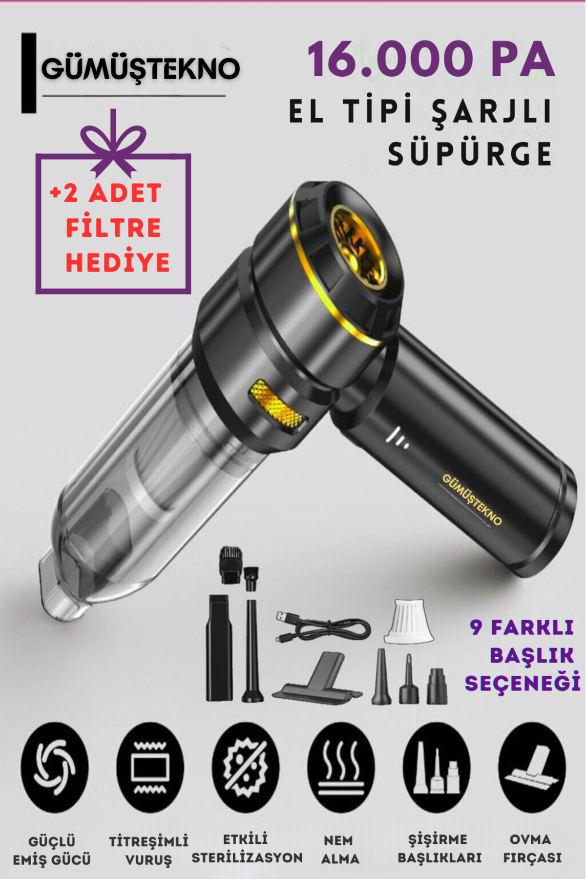 GÜMÜŞTEKNO 16.000PA Güçlü El Tipi Şarjlı Araç Süpürgesi 9 Başlıklı Güçlü Çekme Üfleme Özelliği Mini Süpürge Fan