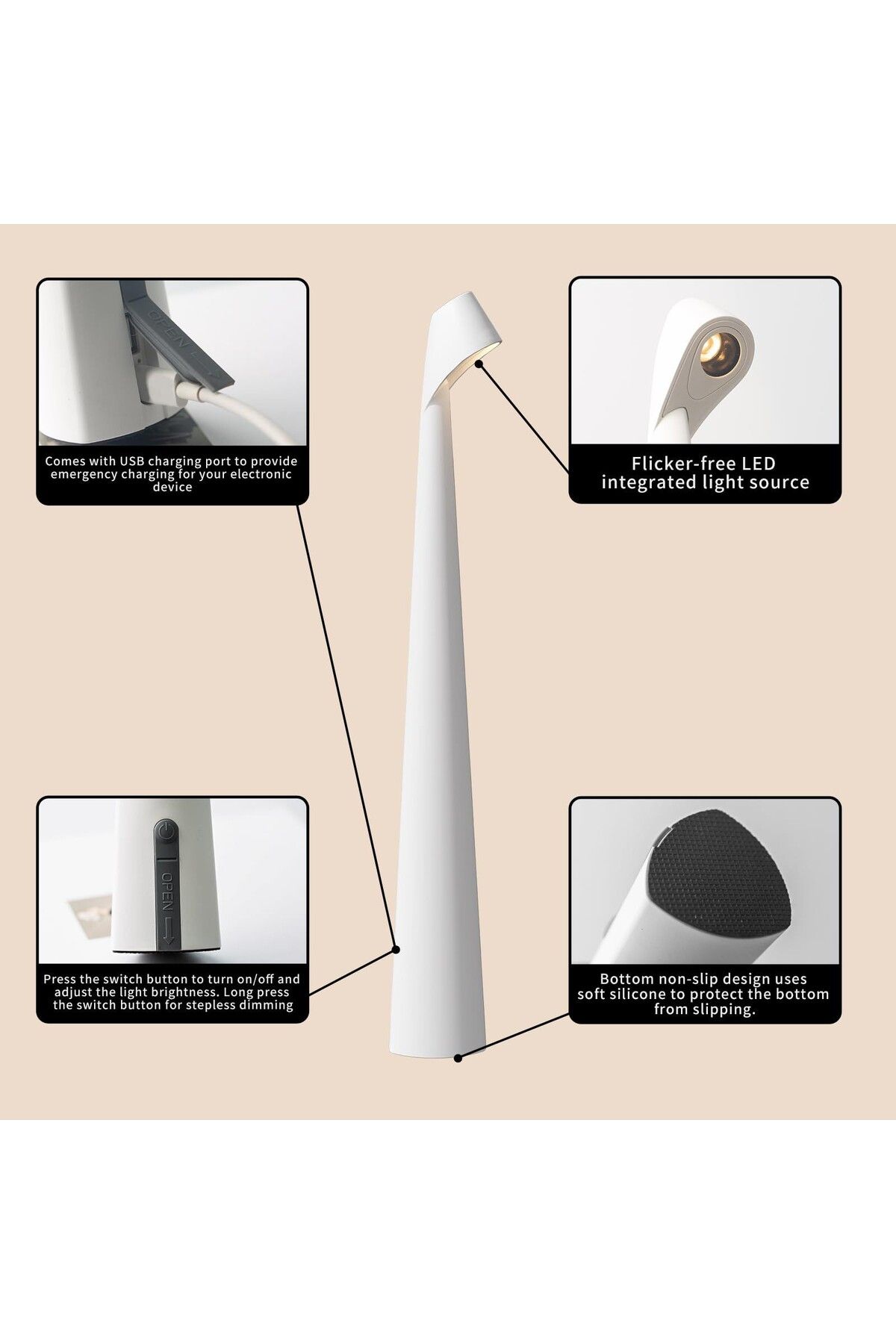 Tescomak-Rechargeable LED table lamp with 3 brightness levels, white 3