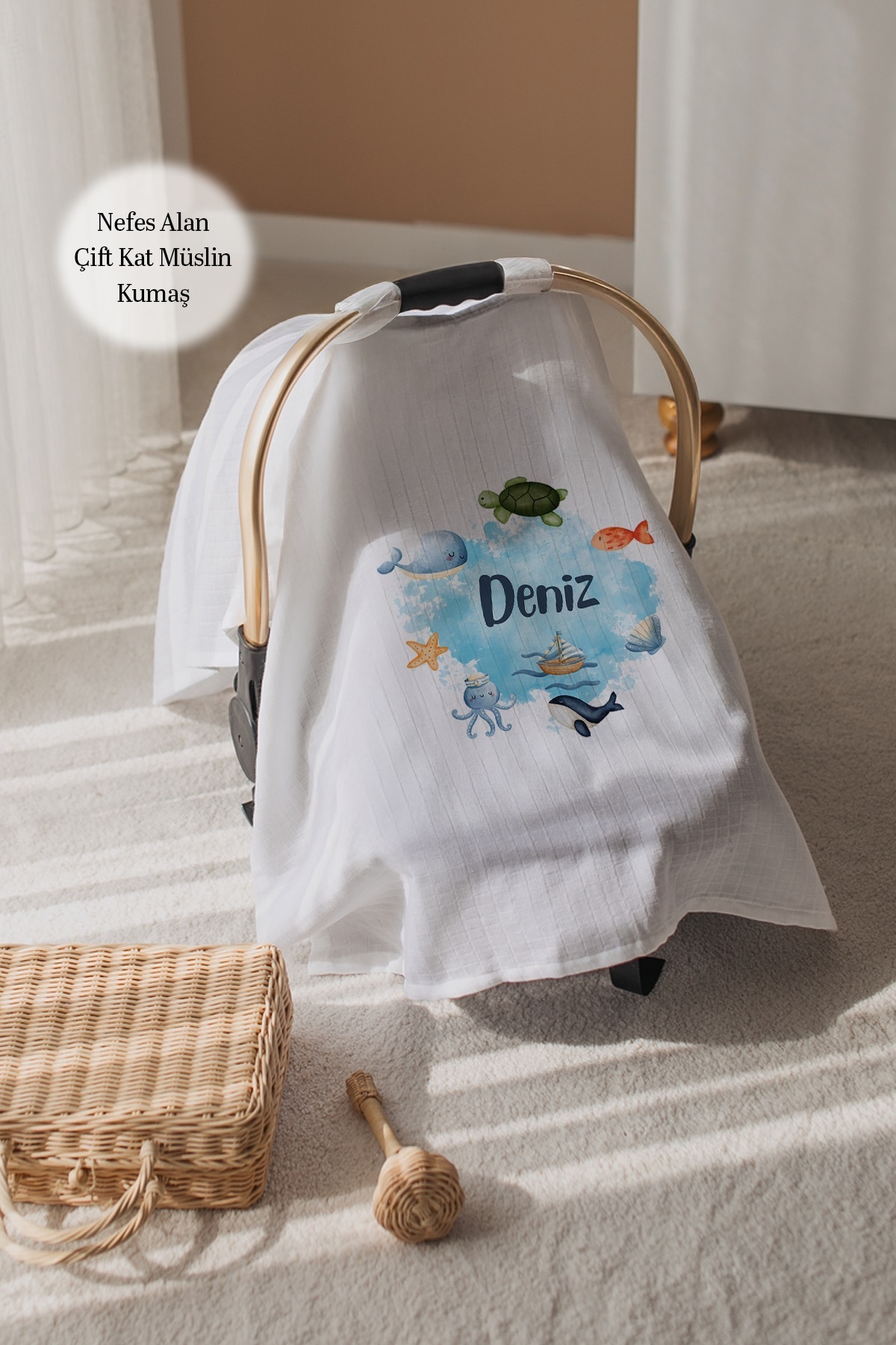 100% Cotton Name Exclusive Double Layer Muslin Stroller Cover-Sea Creatures