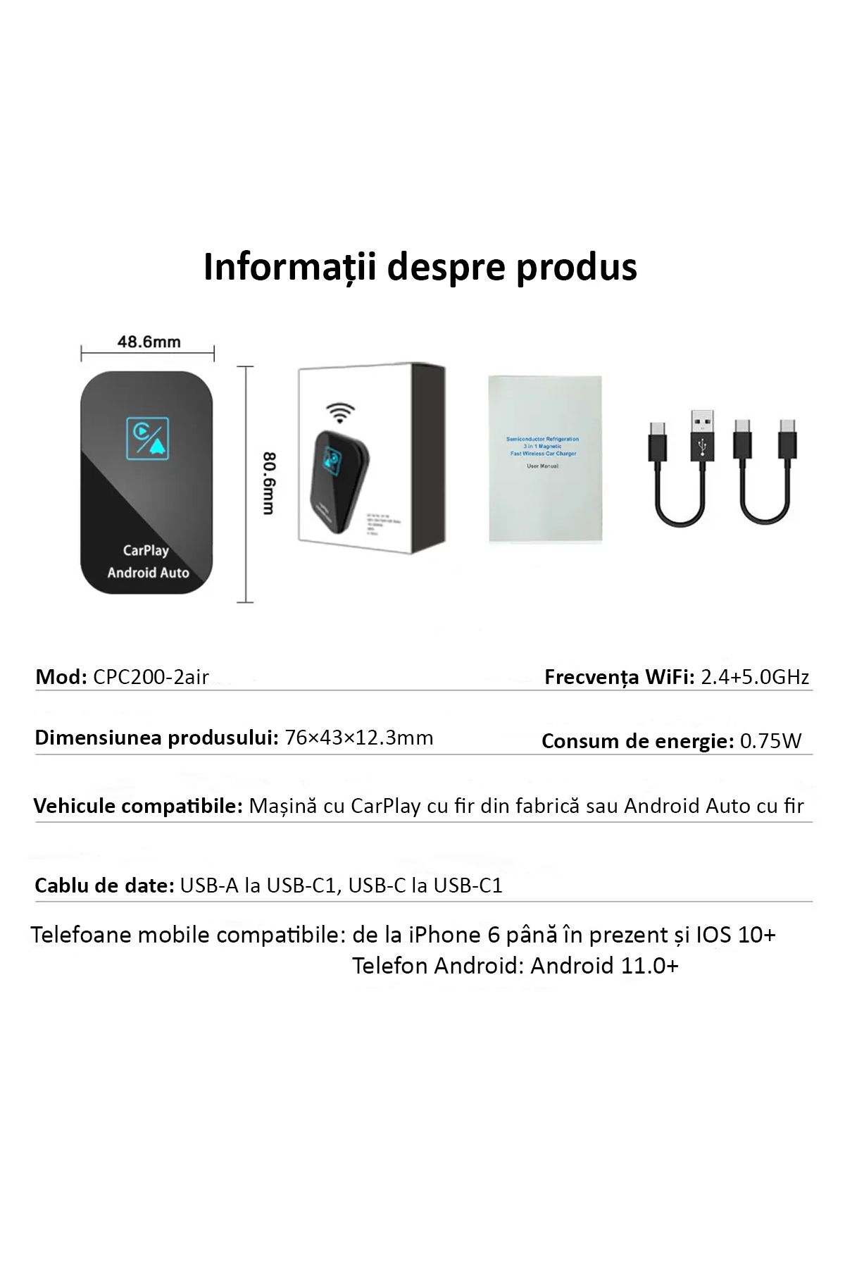 ENZIRO-Adaptor Auto Wireless 2 in 1 Apple Carplay si Android Auto, Plug and Play, Bluetooth, WiFi, Negru 5