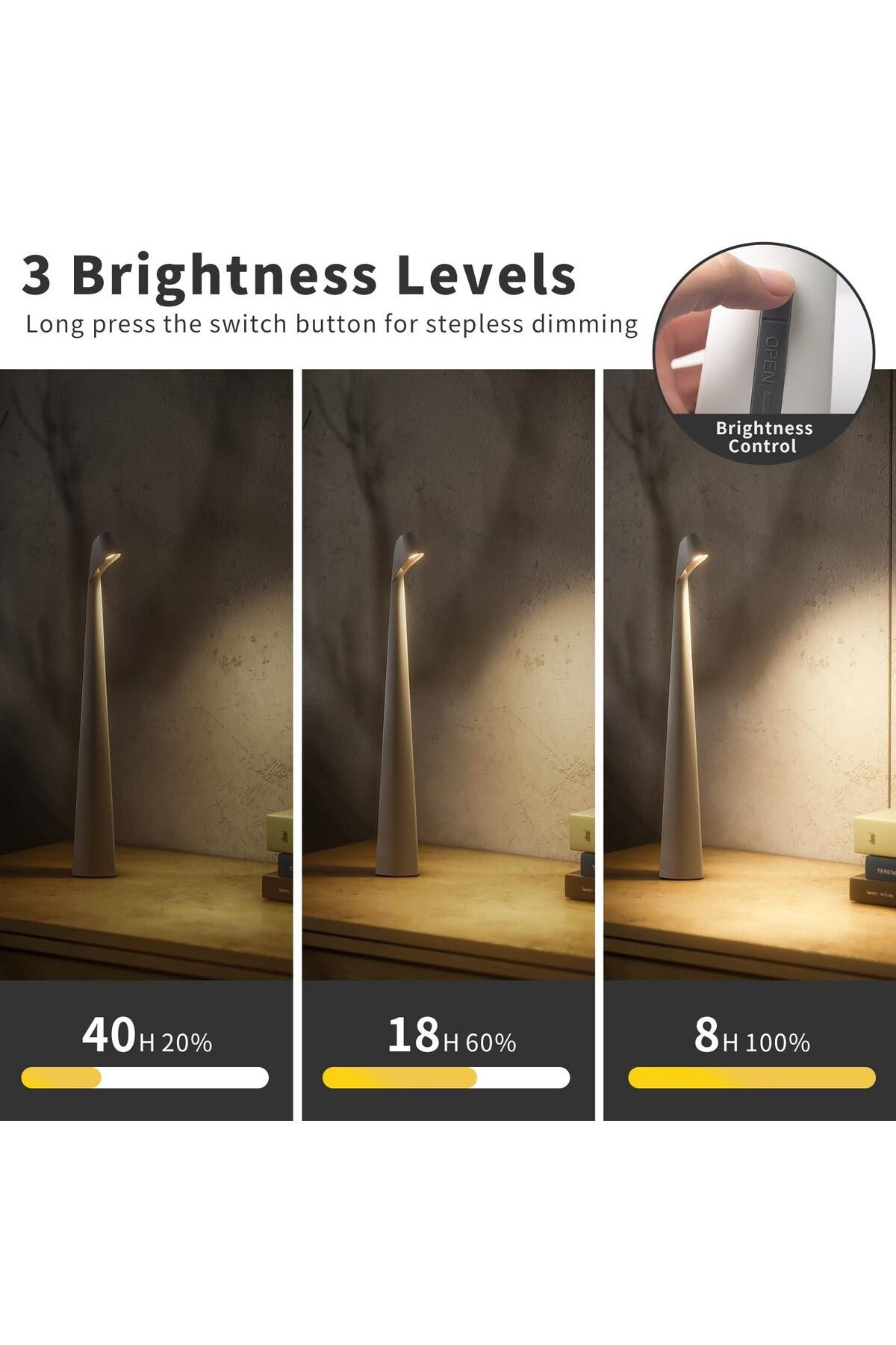 Tescomak-Rechargeable LED table lamp with 3 brightness levels, white 6