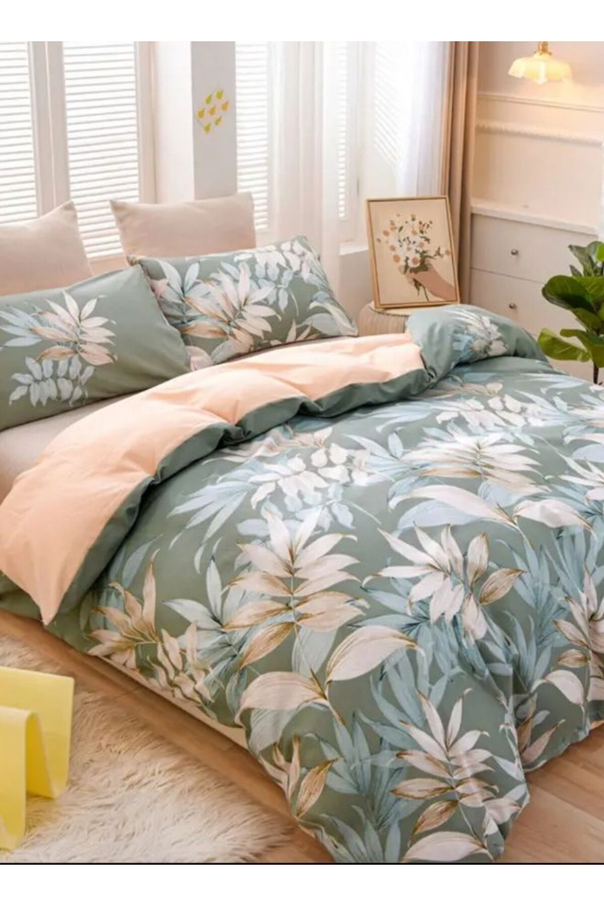 LUNA HOME-King size 6 piece bedding set with green leaf pattern, very soft quality 220x240cm. 3