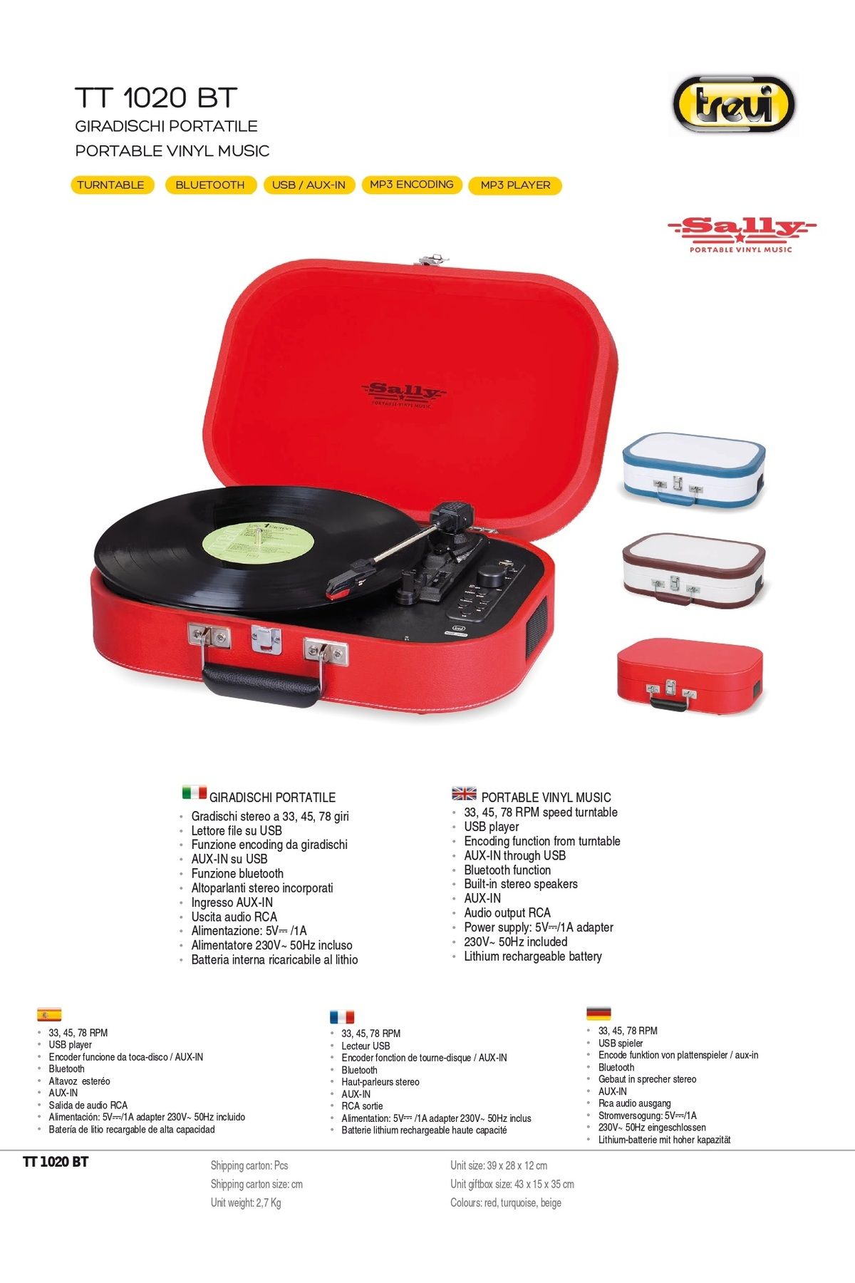 Trevi-Portable pickup with built-in battery, stereo recording on USB stick, Bluetooth, red 4