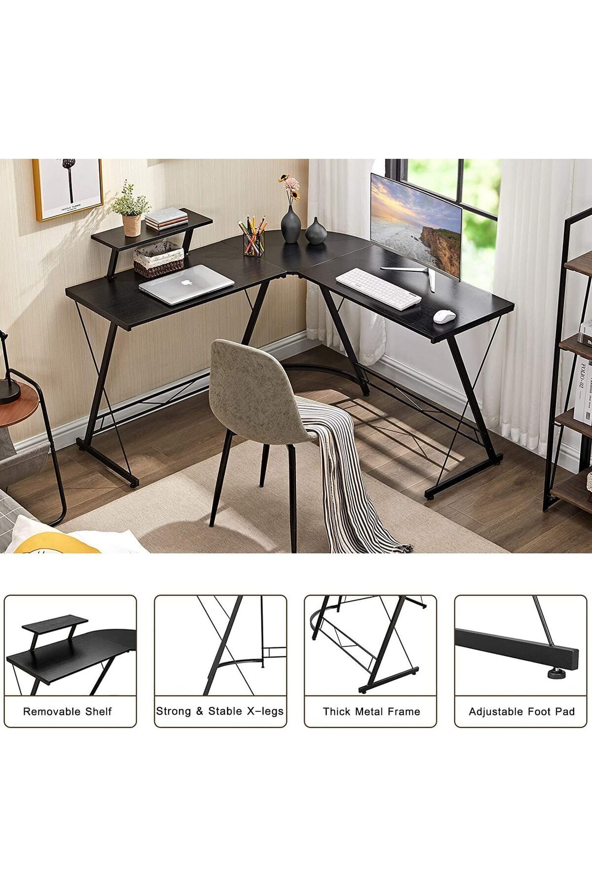 AGD-Corner Computer Desk L-Shaped with Large Monitor Stand and Shelf for Home and Office, Sturdy Space-S 8