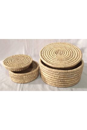 URALLAR HOME DESİGN HURMA YAPRAĞI YUVARLAK KAPAKLI İKİLİ SEPET