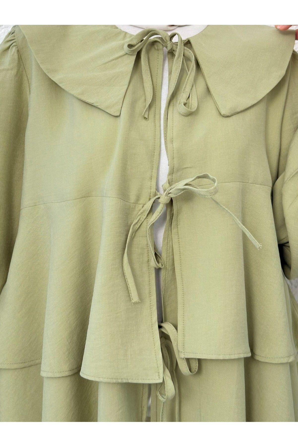 Modamorfo-Baby Collar Front Lace Skirt Layered Kimono - Khaki 4