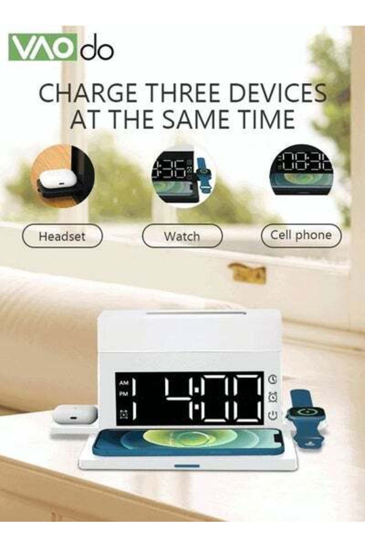 VAODO-6 In 1 Smart Alarm Clock White Multi-Function Wireless Charger Desktop Clock Night Light Table Lamp 2