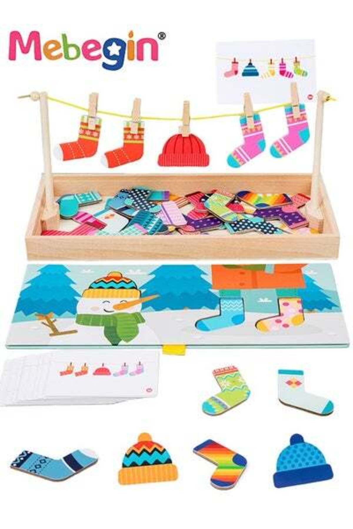 MEBEGIN-Funny Sock Drying Game Sock Pairing Toy Set Wooden Pairing Socks Puzzle with Storage Box & 20 Cards 2