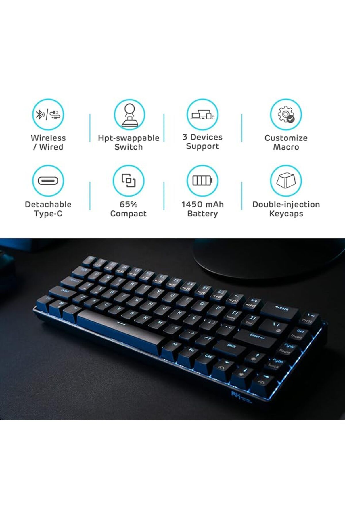 COOYA-Gaming Keyboard Wireless Hot Swappable,with Stand-Alone Arrow/Control Keys, Black, Quiet Red Switch 2