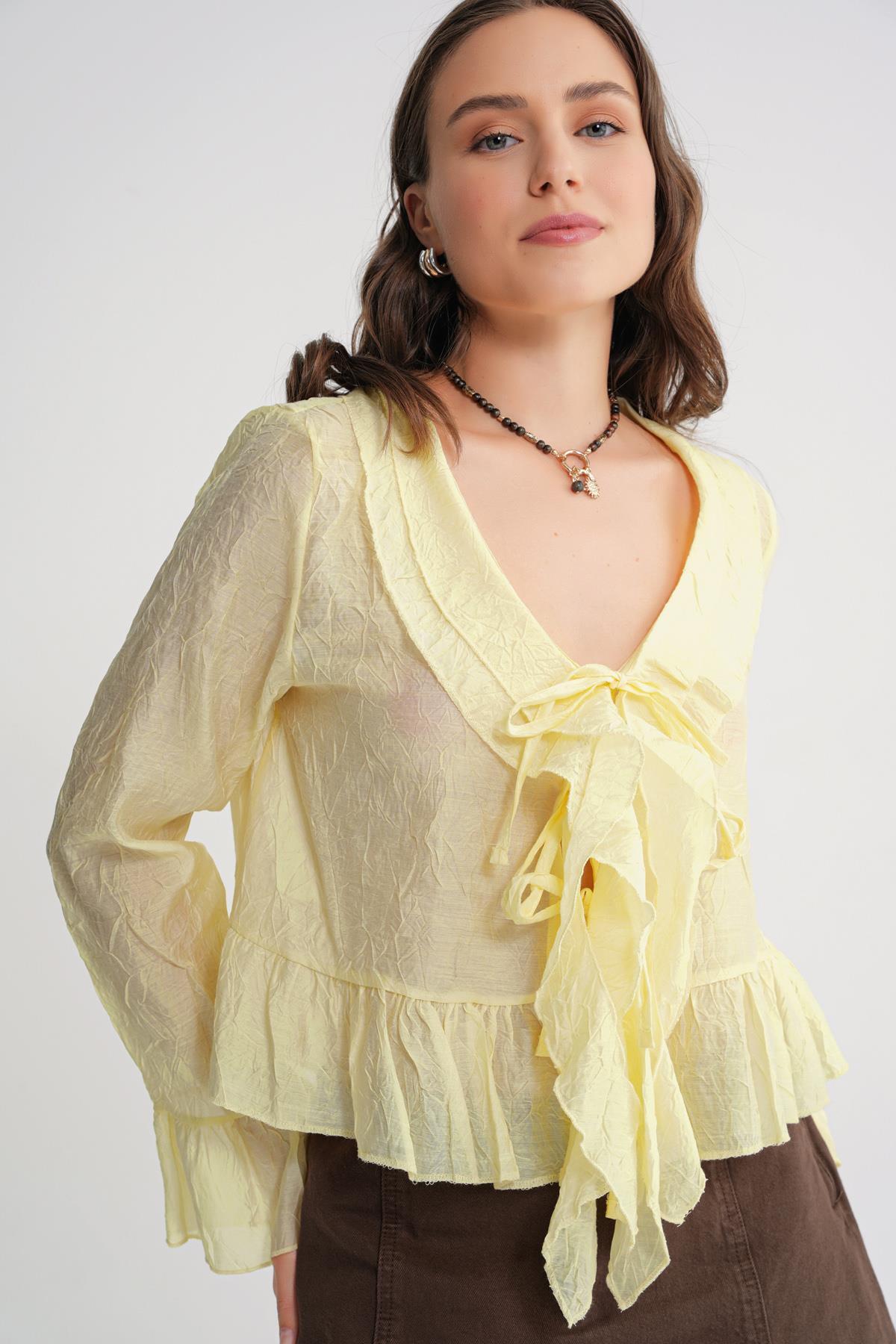 Mixray  4727 Kadın Yakası Fırfırlı Kraşlı Bluz Sarı - Görsel 4