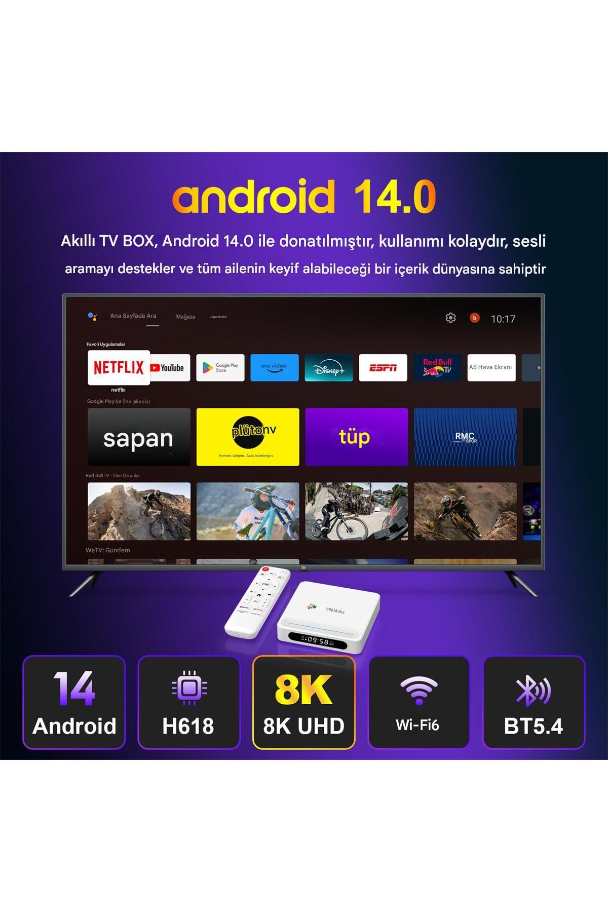 h96max-H618 Plus 8K Android 14.0 Tv Box 4Gb+32Gb Media Player Air Mouse Wifi6 Bt 5.4 Ethernet Voice Command 7