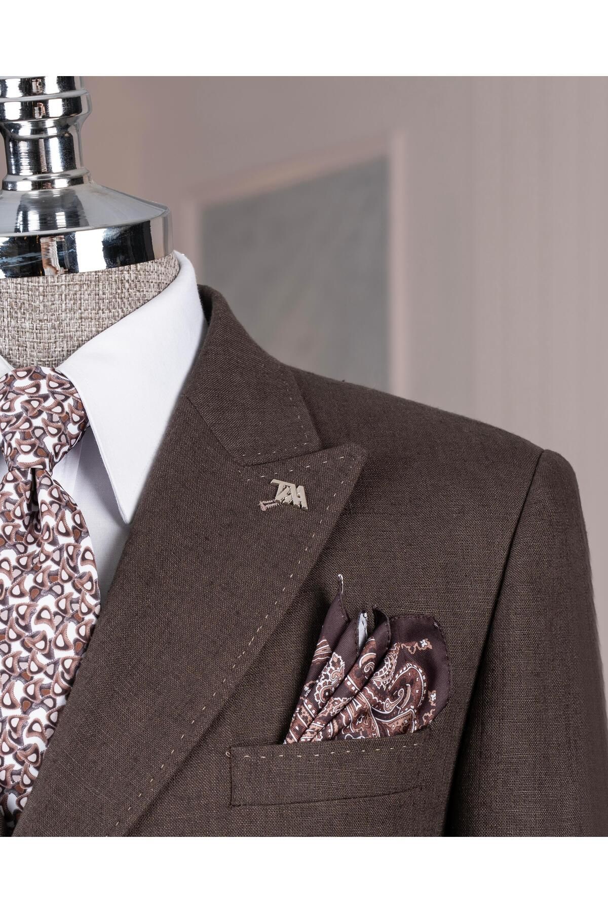 TerziAdemAltun-Italian Style Slim Double Breasted Men's Single Jacket Brown T13661 3