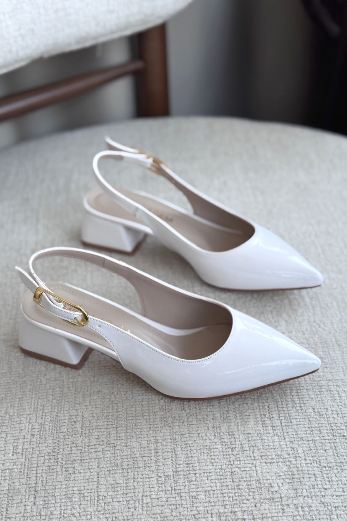 GOFFSHOES  Kadın Mely Tokalı Kısa Topuklu Ayakkabı - Beyaz-Rugan - Görsel 3
