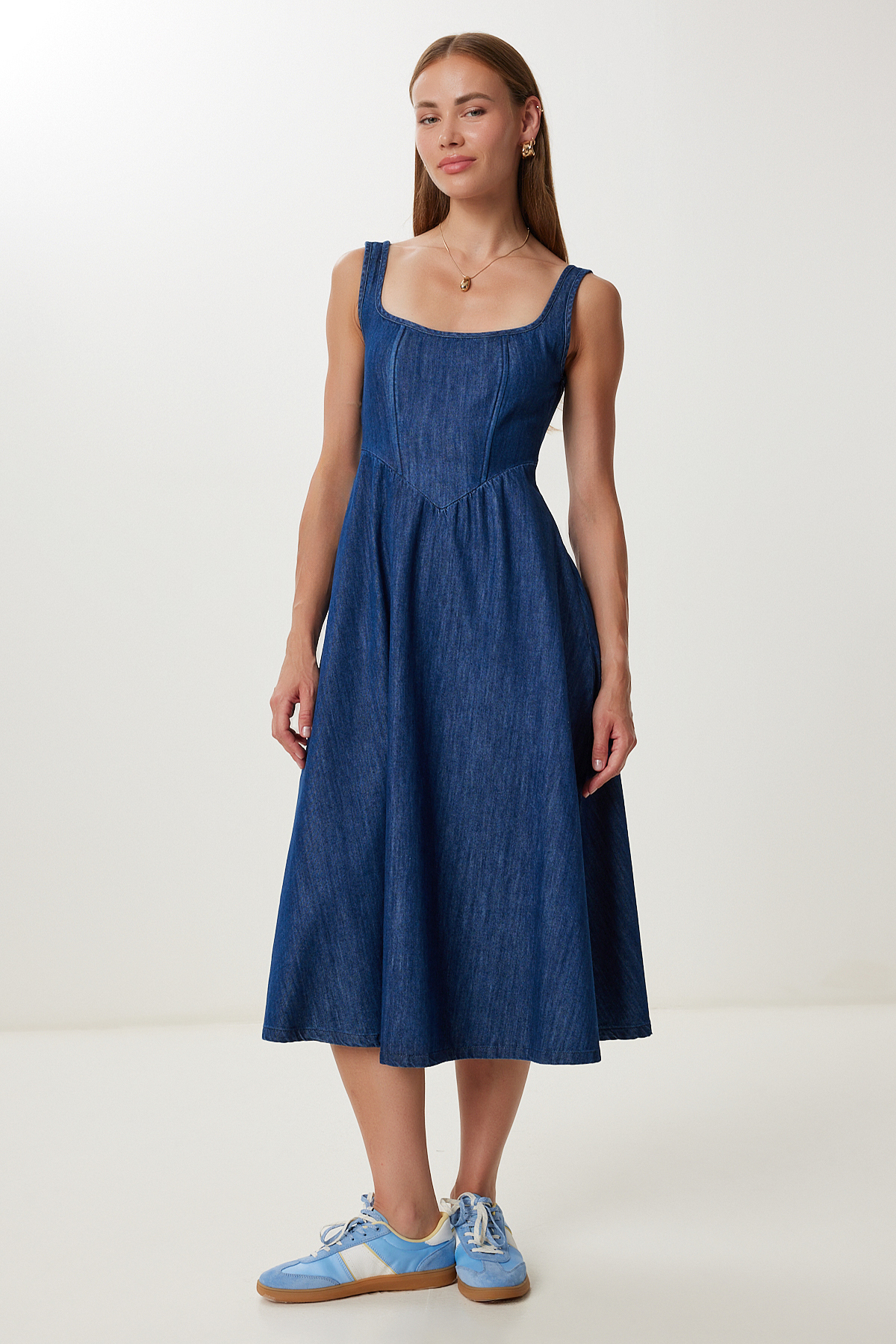 Lovelyİstanbul Thick Strap Midi Denim Dress Lfg0038 Dark Blue