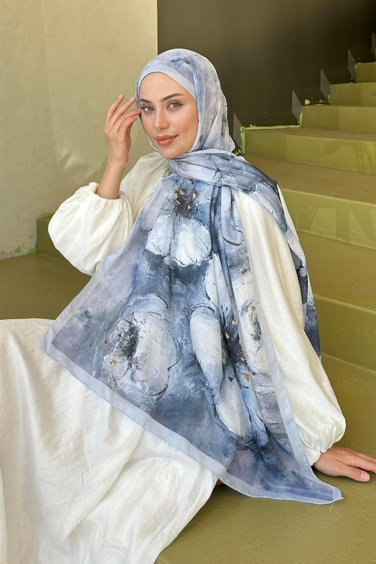 lamelif-Bohemian Flower Pattern Soft Shawl Gray 1