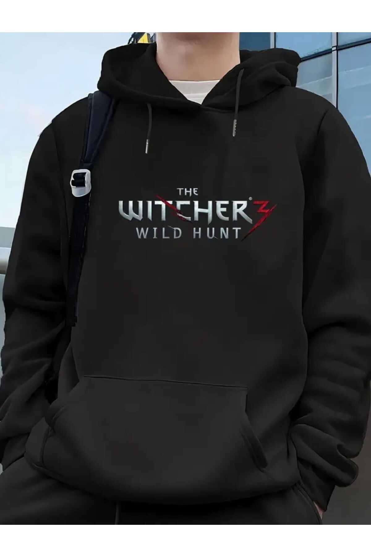 caddekombin The Witcher Printed Hooded Pocket Black Sweatshirt with Wool Inside