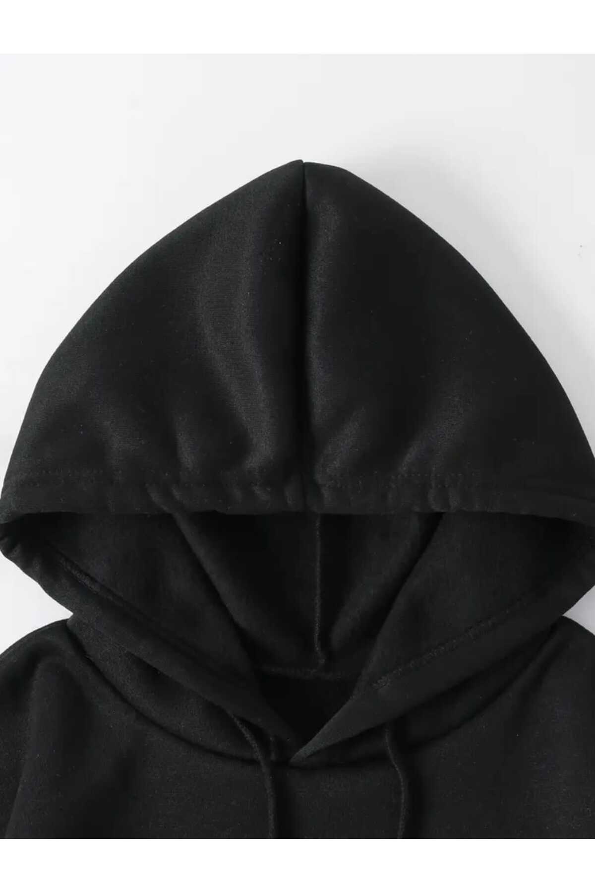 caddekombin  Güneş Ay Gezegen Baskılı Kapüşonlu Cepli Pamuklu Siyah Sweatshirt - Görsel 3