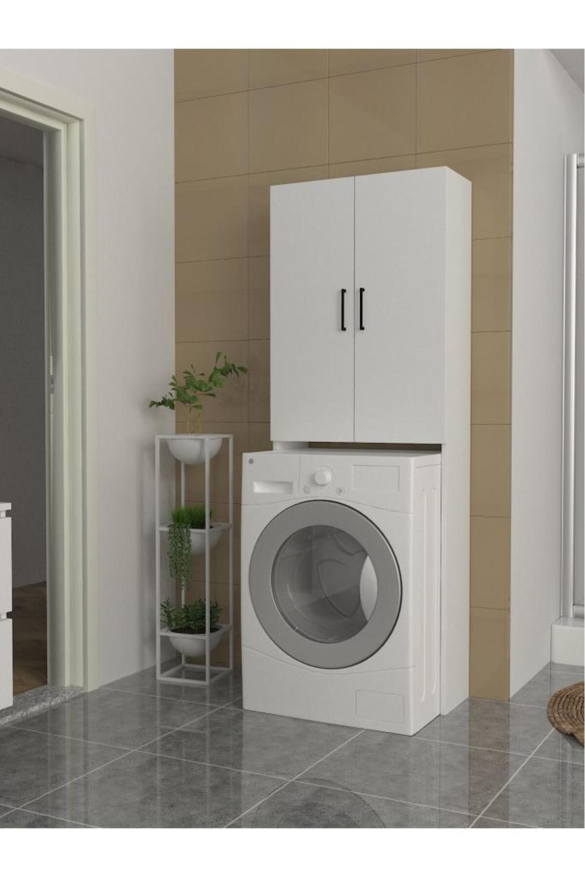 Dekorister Ternos Çok Amaçlı Çamaşır Makinesi Dolabı 3 Raflı Kapaklı Banyo Dolabı Beyaz