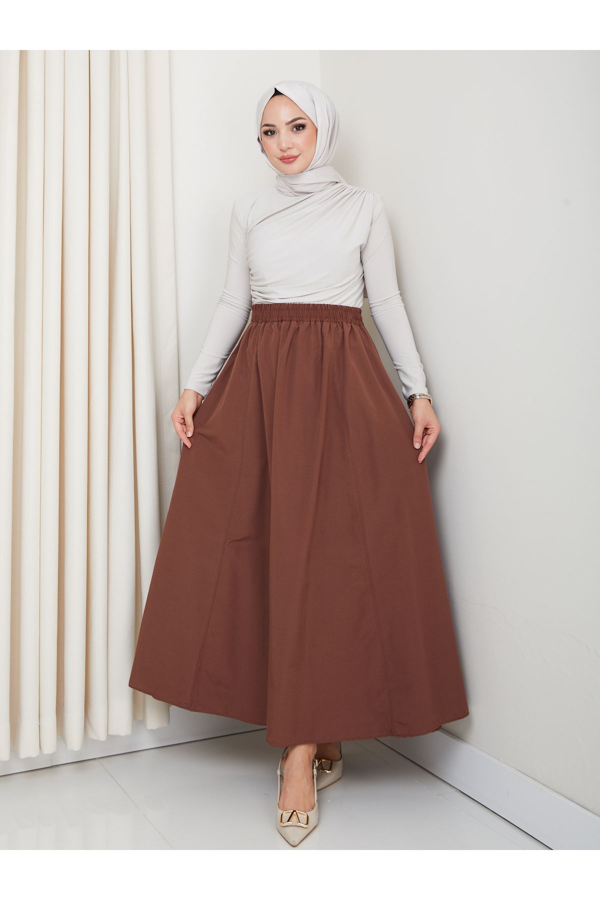 FERHEL-6 Piece Flared Hijab Skirt with Pockets and Elastic Waist 1