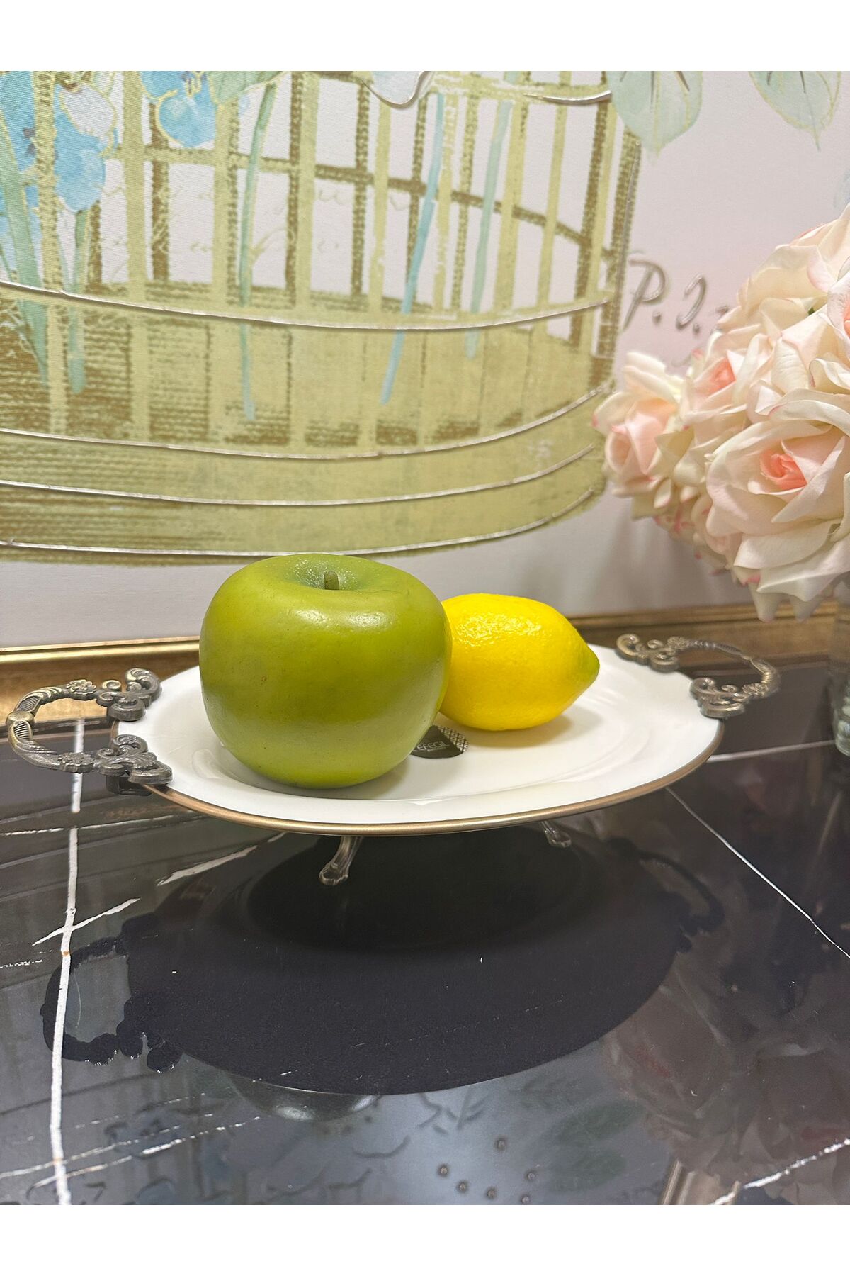 Antik Bold Yaldızlı Kulplu Porselen Kayık Ayaklı Sunumluk 30*22 cm