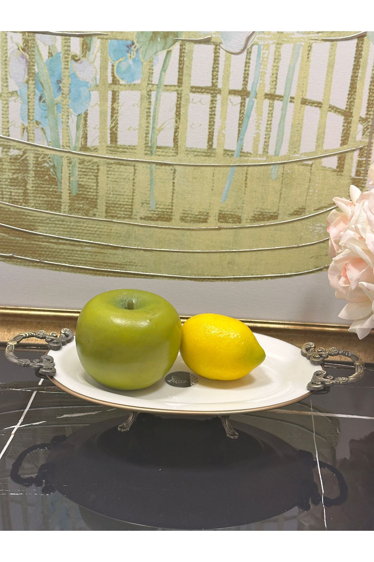 Antik Bold Yaldızlı Kulplu Porselen Kayık Ayaklı Sunumluk 30*22 cm