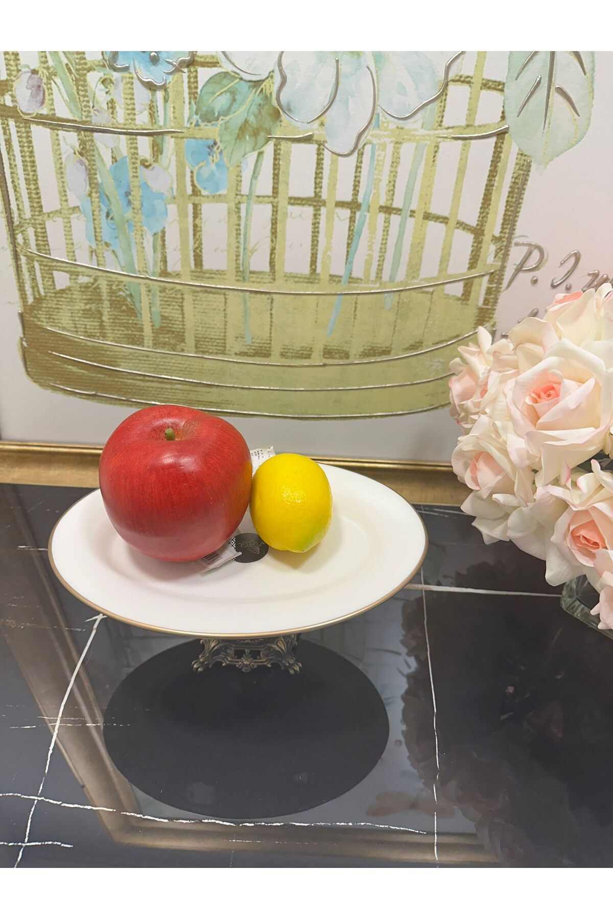 Antik Bold Yaldızlı Kulplu Porselen Ayaklı Sunumluk 30*22 cm