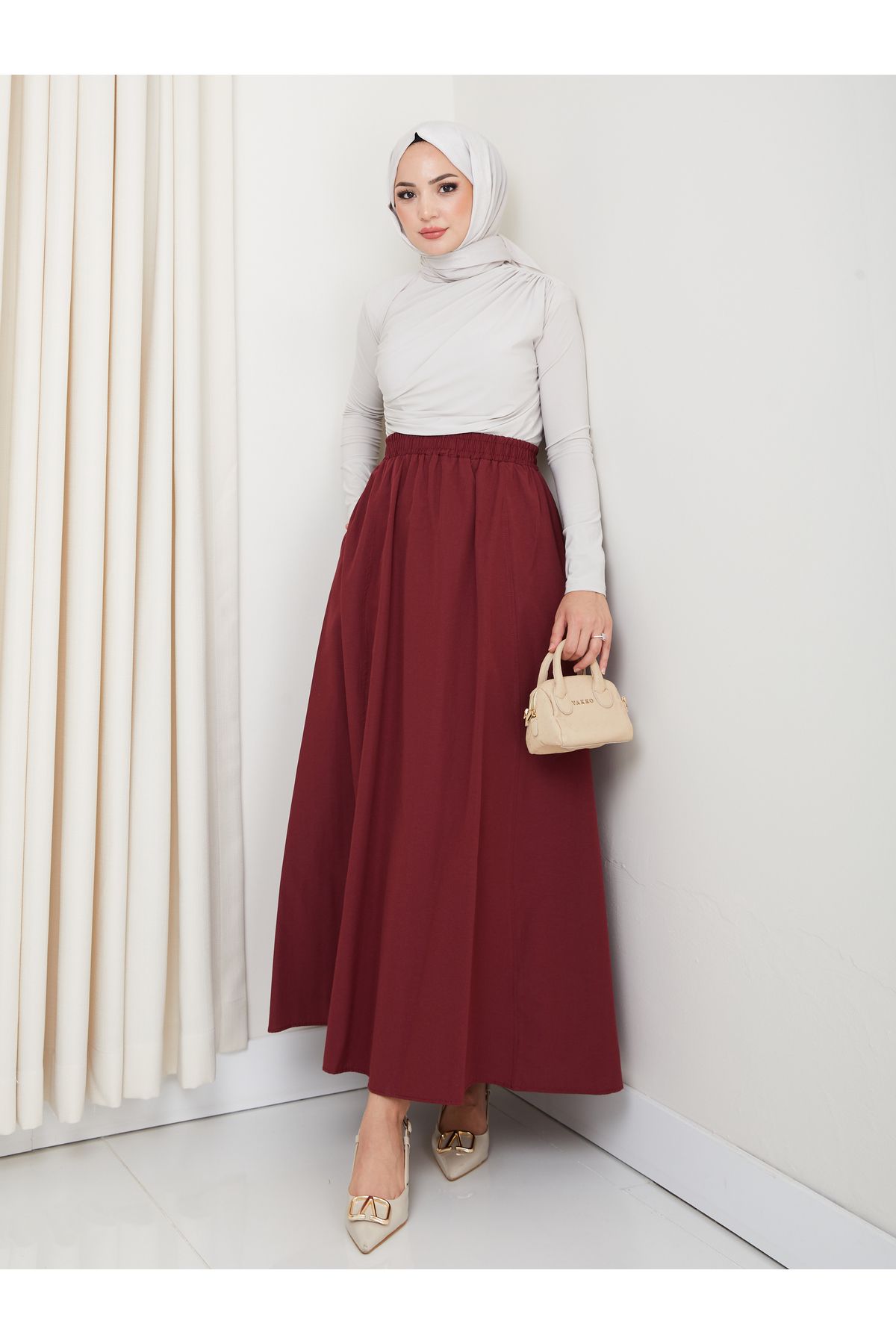 FERHEL-6 Piece Flared Hijab Skirt with Pockets and Elastic Waist 5