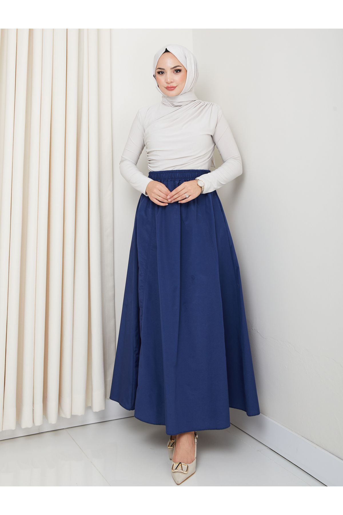 FERHEL-6 Piece Flared Hijab Skirt with Pockets and Elastic Waist 6